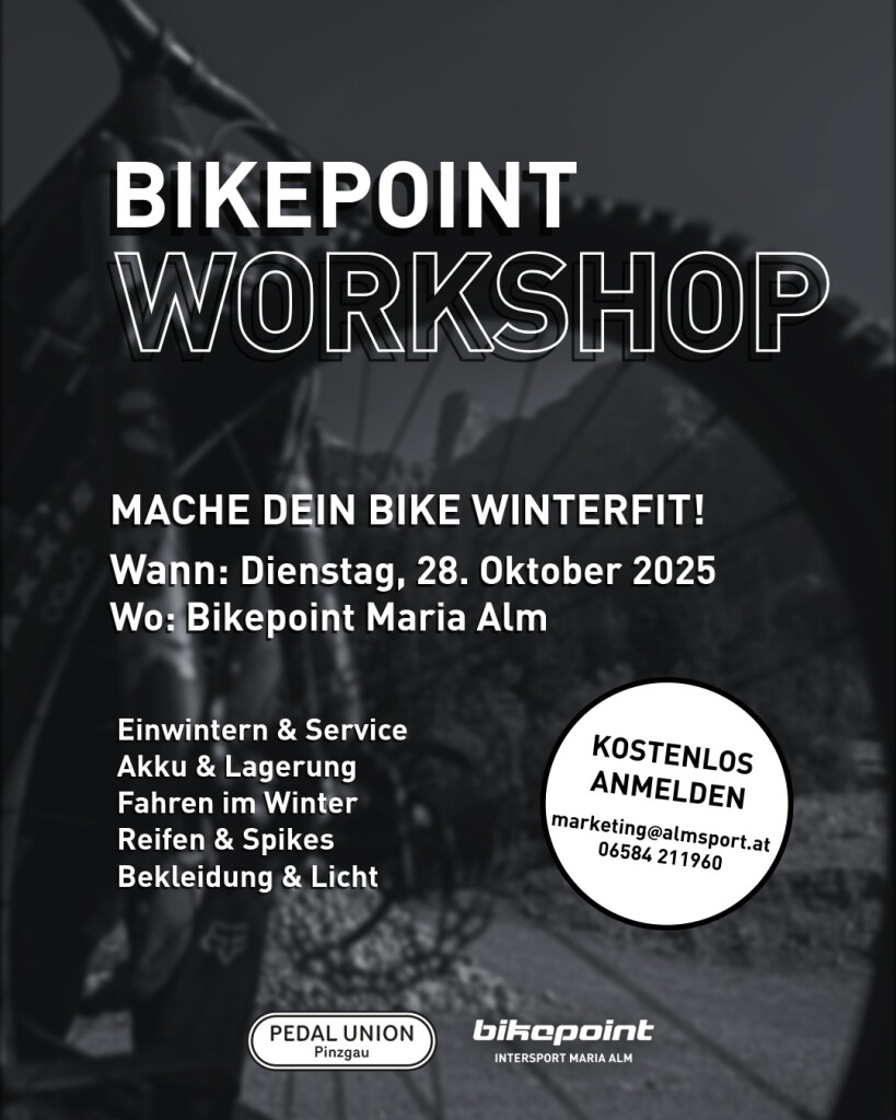Bikepoint Fahrradwerkstatt-Poster: Winter-Fahrradwartungstipps, Reifen- & Lichtservice in Maria Alm.