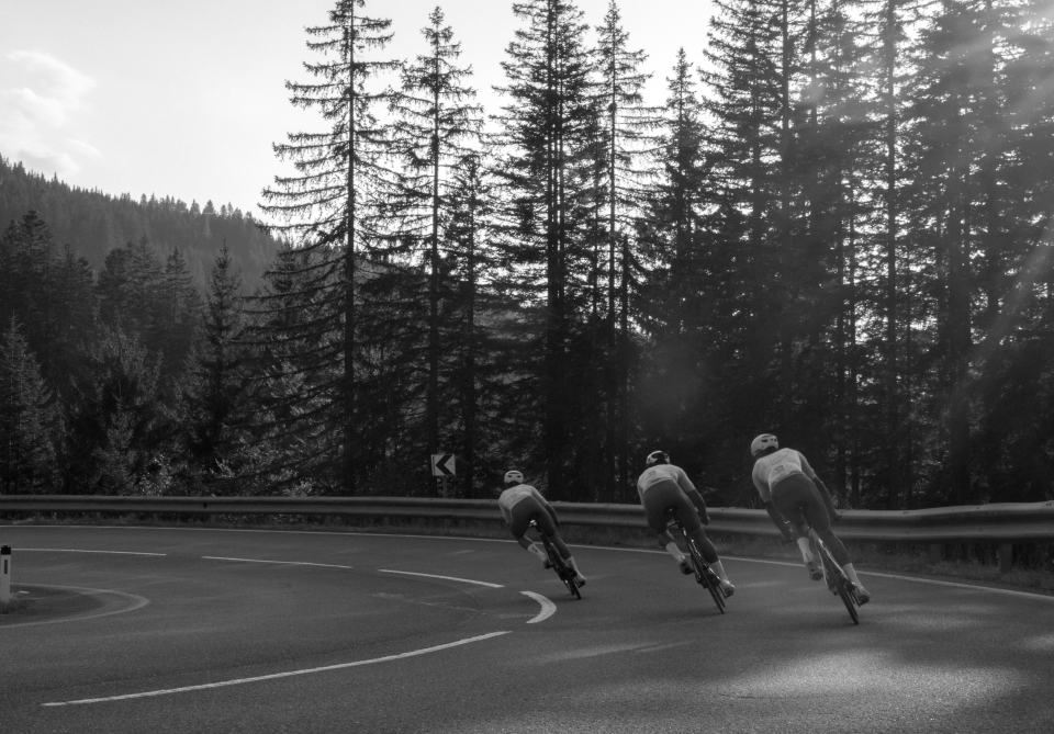 Schwarz-Weiß-Foto von Radfahrern, die auf einer kurvenreichen Bergstraße durch einen Wald bergauf fahren.