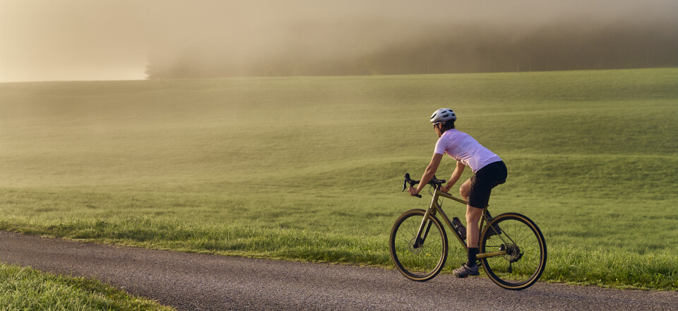 Radfahrer fährt mit dem Rennrad auf einem ländlichen Weg durch neblige grüne Felder bei Sonnenaufgang.