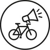 Symbol der Fahrrad-Lobbyarbeit: Fahrrad mit Megafon, das für Fahrradförderung und Community Outreach steht.