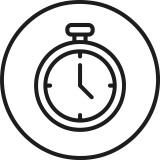 Schwarz-weiße Strichzeichnung eines Stoppuhr-Symbols innerhalb eines Kreises. Symbol für Zeitmanagement.