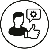 Technischer Support Icon: Person mit erhobenem Daumen und Zahnrad in Sprechblase für Unterstützung.