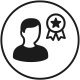 Expertenprofil-Symbol: Personensilhouette mit Auszeichnungsstern-Badge in einem Kreis.