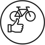 Fahrradsymbol mit Daumen hoch-Symbol in einem Kreis. Radfahren, Zustimmung und Transport.
