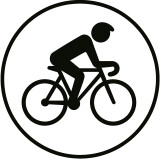 Fahrradwegzeichen: Fahrradfahrer-Silhouette auf einem Fahrrad in einem kreisförmigen Straßensymbol für Fahrradroute oder -weg.