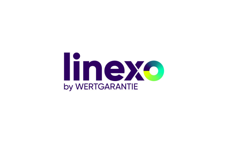 Linexo by Wertgarantie Logo: violetter Text mit grünem und gelbem Farbverlaufskreis.