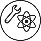 Schraubenschlüssel- und Atomsymbol in einem Kreis, das Ingenieurwesen, Wissenschaft, Technologie oder technischen Support darstellt.