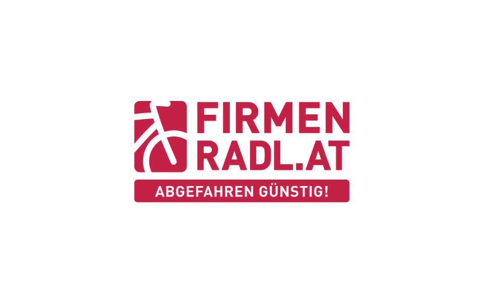 Firmenradl.at Logo: stilisierte Fahrradgrafik mit Firmenname und dem Slogan "Abgefahren Günstig!" in Rot.