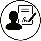 Schwarze Silhouette einer Person, die einen Vertragsabschluss mit einem Stift in einem Kreis unterzeichnet. Geschäftssymbol.